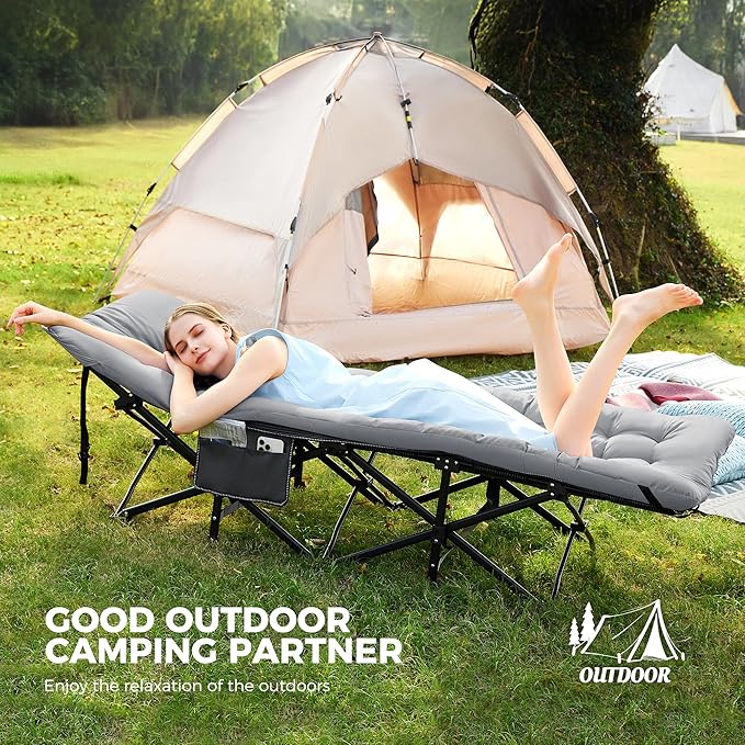 JEAREY Camping Cot for Sleeping 28 Extra Wide Heavy-Duty 1200D Oxford Foliding Cots for Adults Portable with Mattress Carry Bag for Guest Travel Hiking Light Gray