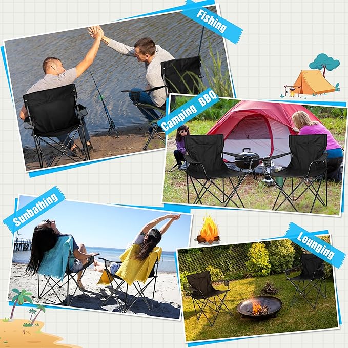 HaSteeL Foldable Camping Chair Set of 2 Folding Camp Chairs for Adults Large Portable Lawn Chair for Outdoors Fishing Hiking Travel Picnic Beach Supports 275lbs &amp Include Storage Bags (Blac