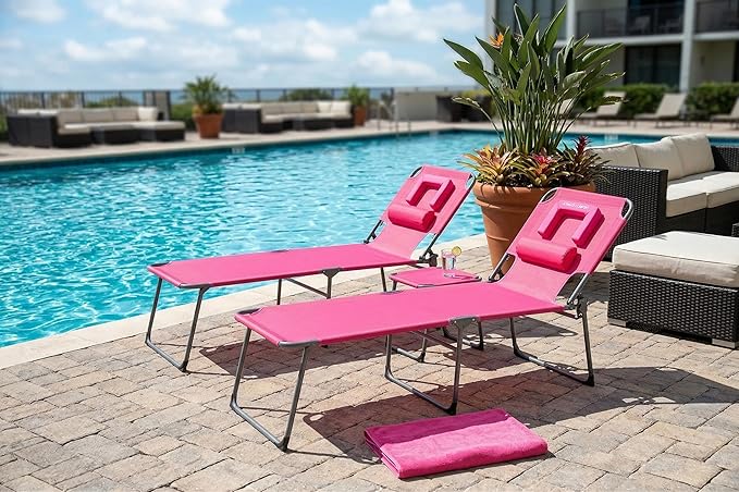 Tanning Chair with Face Hole Folding Beach Lounge Chair 5-Position Adjustable Backrest Face Down Chaise Lounge with Pillow and Side Pocket Portable for Poolside Patio Backyard Beach Pink