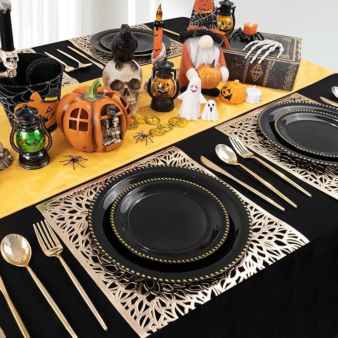 Rubtlamp 60Pcs Black Gold Plastic Plates Black Disposable Plates With Gold Beaded Heavyduty Plastic Plates Halloween Plates Include 30 Dessert Platos 30 Dinner Platos for Party