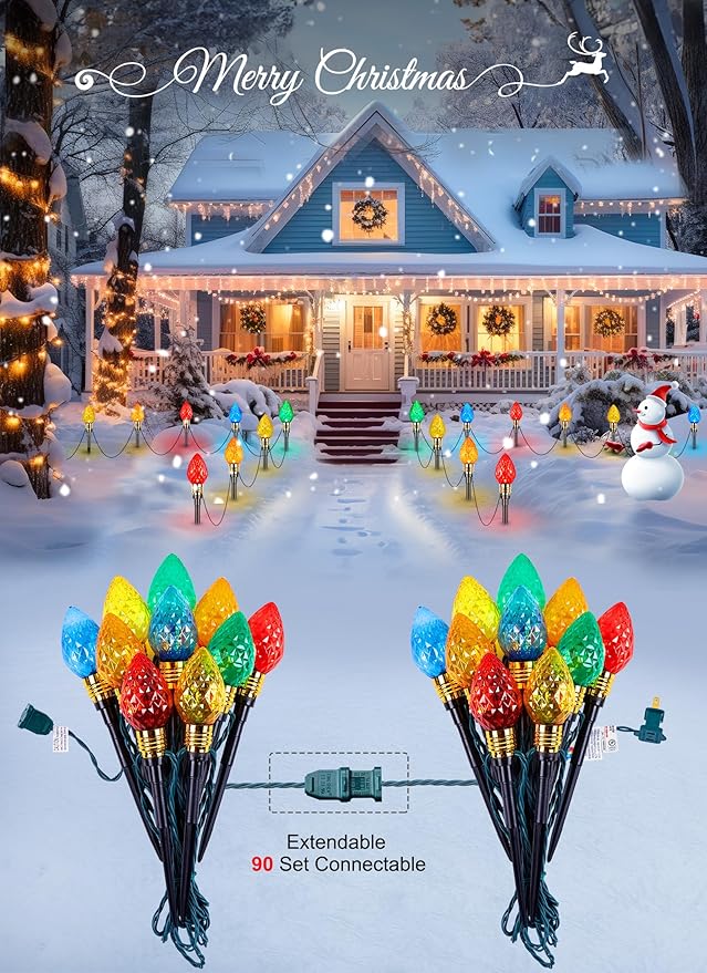 Brightown 2 Pack Strawberry C9 Christmas Pathway Lights Outdoor - Total 34.8 Feet 20 LED Christmas Walkway Light Christma Lights Outdoor Decorations for Yard Lawn Holiday Outside Multicolor