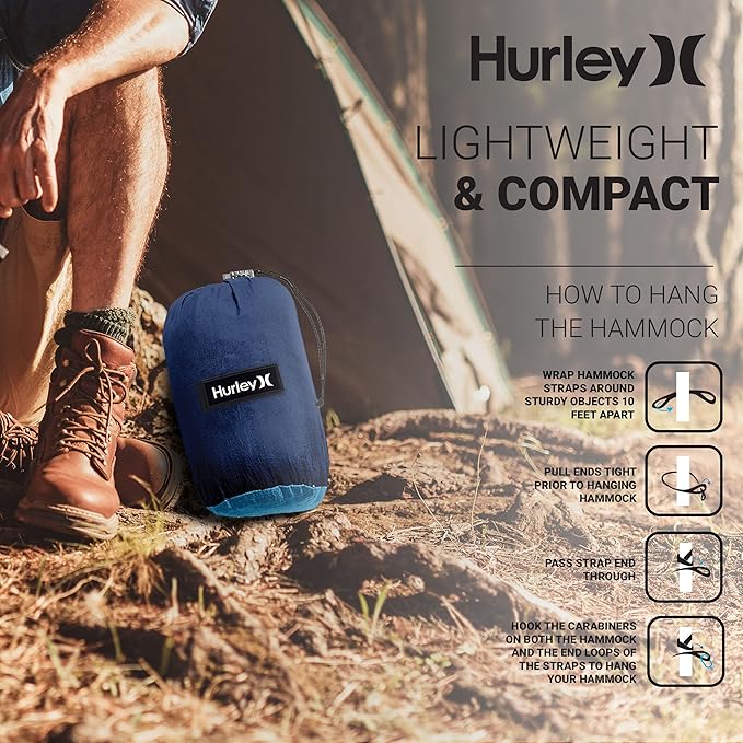 Hurley Duo Camping Hammock - 1 Person Portable Hammock for Camping Heavy Duty Hammock with Parachute Nylon Fabric - Camping Accessories &amp Camping Gear for Outdoor Activities - Holds Up to 400lbs