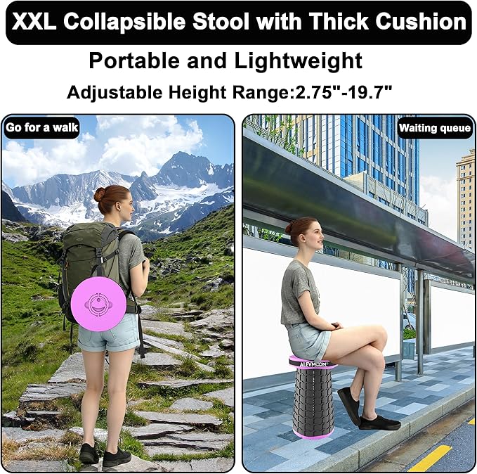 ALEVMOOM Upgraded 19.7 XXL Collapsible Stool with Cushion Portable Telescoping Stool Capacity 1000lbs Heavy Duty Retractable Folding Chair for Adults for Camping Fishing Hiking BBQ
