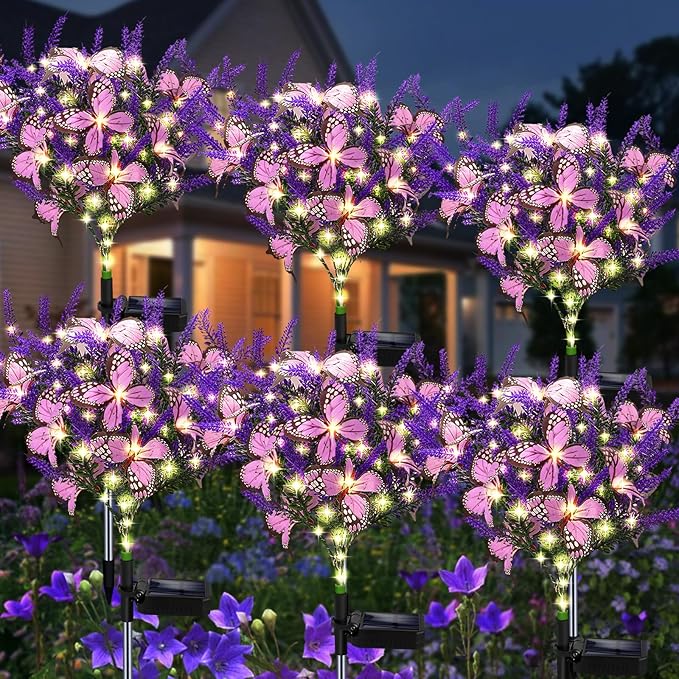 Kohlrabi Solar Garden Lights Outdoor 6 Pack Solar Butterfly Lights Purple Lavender Gardening Gifts for Women Artificial Flower with Butterfly Purple Garden Decor for Lawn Patio-Warm White