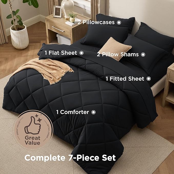 Bedsure Premium Series 7 Piece Black Full Comforter Set Goose Down Alternative All Season Medium Warmth Soft Hotel Luxury Bed in a Bag Safe for Sensitive Skin Includes Sheets Pillowcases &amp Sh