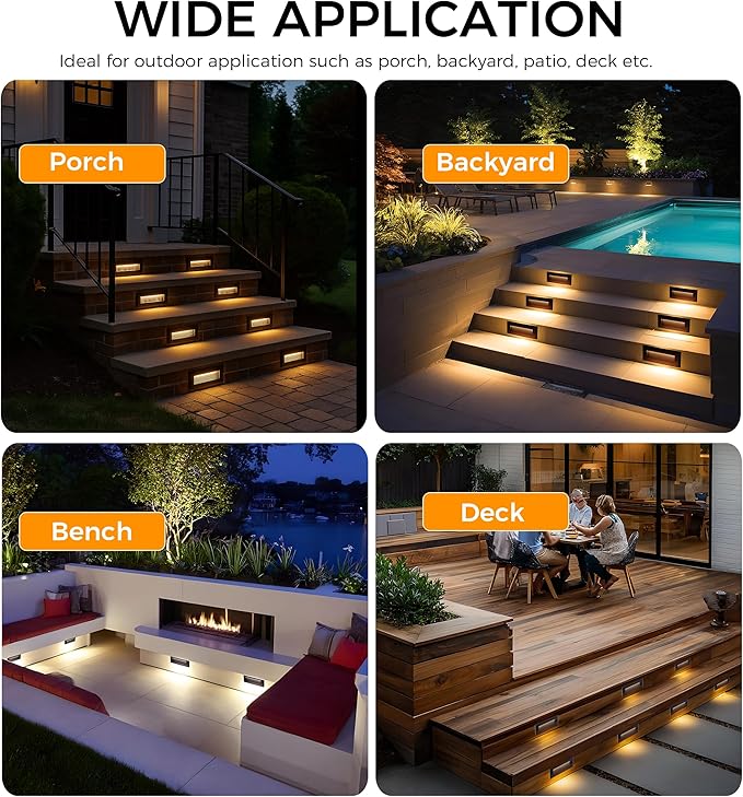 [6 Pack] Cloudy Bay 9 Inch 5CCT Low Voltage LED Outdoor Step Lights 12V-15V 3W/5W Dual-Bright Selectable Landscape Stair LightsExterior Deck Lights AluminumMetal Black