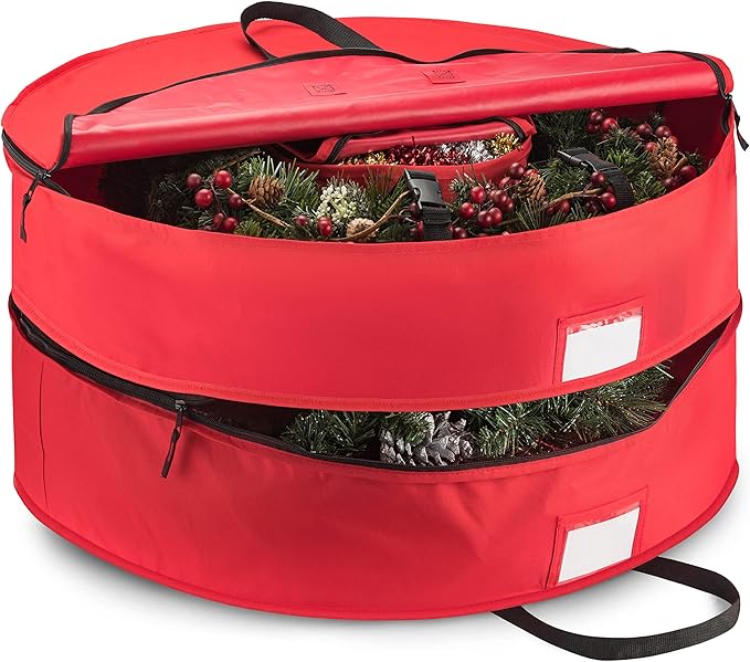ZOBER Christmas Wreath Storage Container 30 Inch - Wreath Bag Fits 2 Wreaths Box - 600D Oxford Fabric - Interior Compartment for Storing Garlands Wreaths Storage Bag W Strong Durable Handles - Red