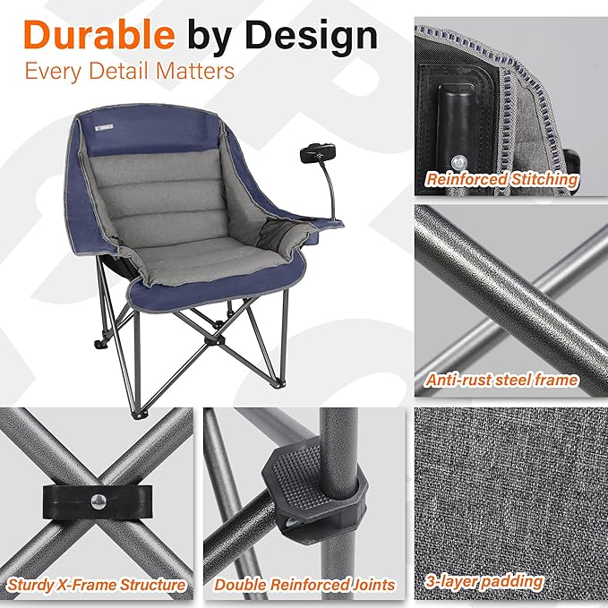 Camping Chairs for Adults-Oversized Extra Large Lawn ChairFolding Comfy Padded Chair w/Phone HolderSide PocketCup Holder for OutdoorWide&ampThickHeavy Duty 400LbsBlue