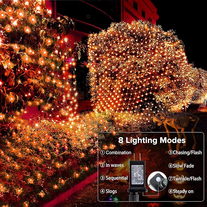 BlcTec Halloween Lights 200 LED 8.4ft x 5.2ft Orange Net Lights with 8 Modes UL Certified Timer Connectable Waterproof Dark Green Wire for Trees Bushes Shrub Lawn Halloween Decorations Outdoor