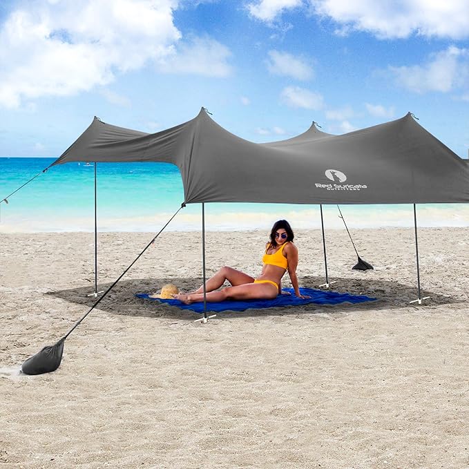 Red Suricata Family Beach Parasol - Sun Shade Canopy | UPF 50 UV Protection | Tent with 4 Aluminium Poles 4 Pole Anchors 4 Sandbag Anchors | Large &amp Portable Shelter Tarp