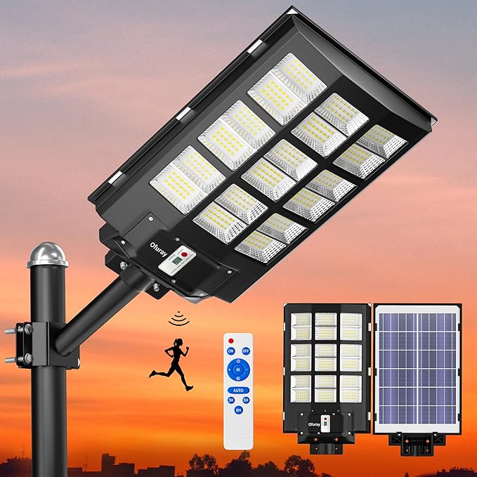 Ofuray Solar Street Lights OutdoorSolar Security Flood Lights Parking Lot Lights Commercial Dusk to Dawn 6500k Waterproof Led with Remote Control Motion for StreetCourtBarn (Of-3600W 218000Lm)