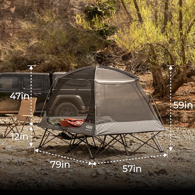 Kakadu Camping Tent Cot 2 Person Quick Setup Folding Compact Elevated Tent with BlockOut Rain Fly Awning Poles Ultra-Fine Mesh Windows and Carry Bag