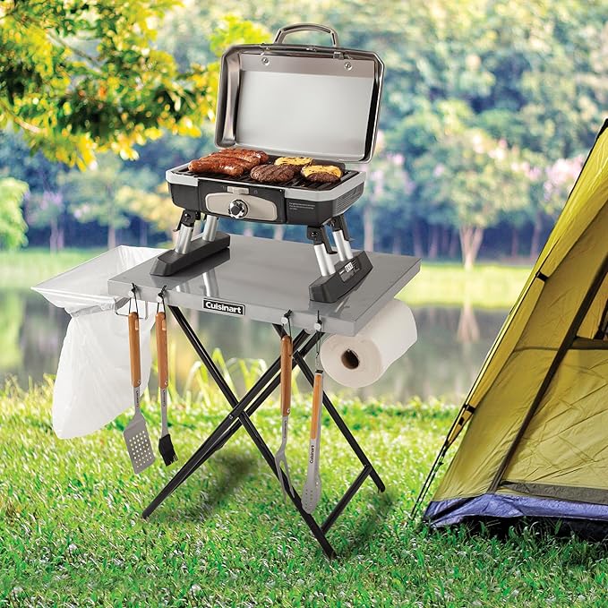 Cuisinart Fold ‘n Go Prep Table Portable Folding Table and Grill Stand with Tool hooks Trash Bag Holder Paper Towel Rack 24” x 20” Steel Food Prep Station Perfect for BBQs Tailgates and Camping