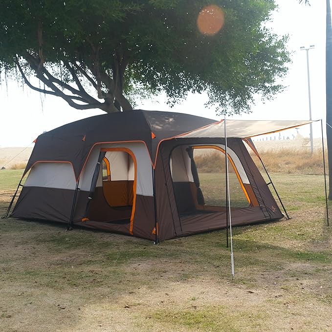 KTT Extra Large Tent 10-12-14 Person(Style-B)Family Cabin Tents2 Rooms3 Doors and 3 Windows with MeshStraight WallWaterproofDouble LayerBig Tent for OutdoorPicnicCampingFamily Gathering