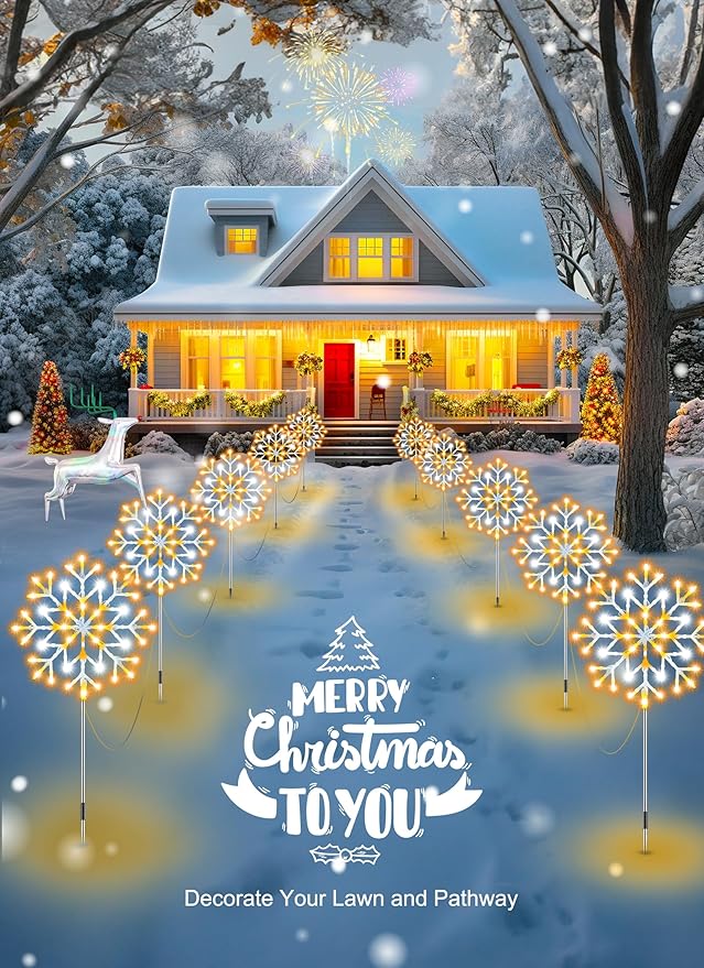 Brightown Snowflake Christmas Pathway Lights Outdoor Christmas Decorations Yard Sidewalk Walkway Driveway Marker Stake Warm White and Pure White