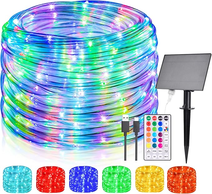 66FT Solar Rope Lights Outdoor Waterproof 18 Colors Changing 200 LED String Light USB &amp Solar Powered with Remote Tube Light Fairy Lighting for Outside Patio Fence Pool Christmas Decor