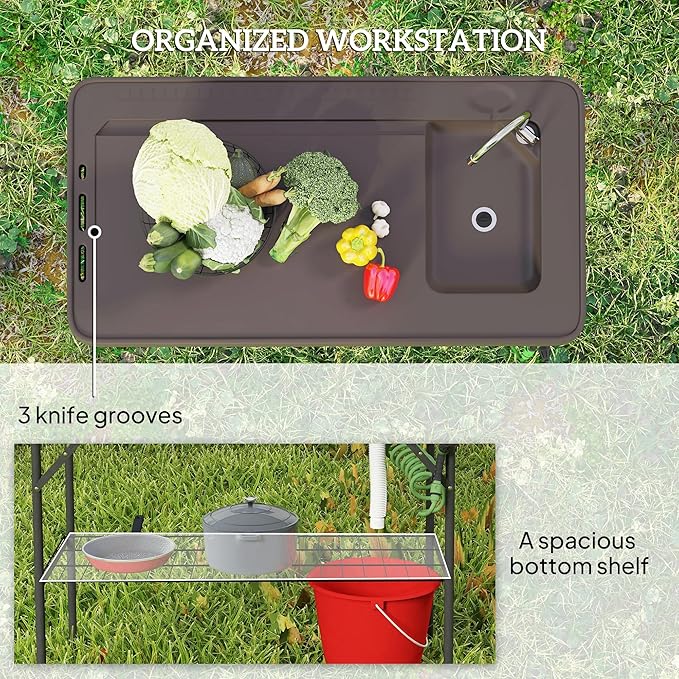 Outsunny Folding Fish Cleaning Table Portable Camping Sink Station with Faucet Drainage Hose Sprayer Grid Rack and Knife Groove Outdoor Fillet Table for Picnic Beach Patio Tan
