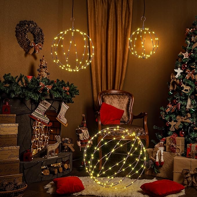 LIGHTSHARE 248LED 12IN+16IN+20IN Light Ball Yard Decoration Pathway Lights Brown Sphere Light Fold Flat Metal Frame Indoor Outdoor Waterproof Garden Lights Plug in(Set of 3)