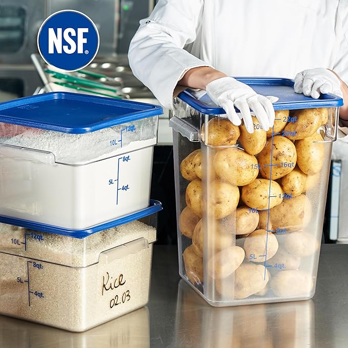 CURTA 4-Pack Food Storage Containers with Blue Lids - 12 Qt &amp 22 Qt Square Clear Polycarbonate - NSF Listed Commercial Grade Freezer &amp Dishwasher Safe Stackable
