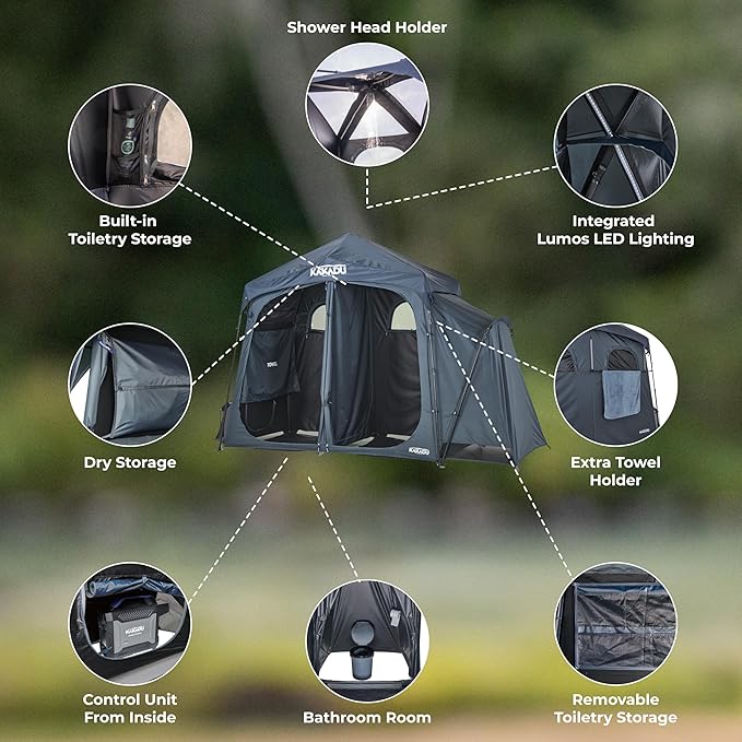 Kakadu Outback Shower Tent Deluxe Triple Room Portable Privacy Shelter Outdoor Camping Toilet Tent Changing Room Sturdy Easy Setup - with LED Light Carry Bag Towel Rod