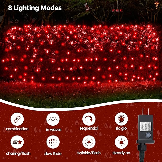 WBao Christmas Lights 200LED 8.4ft x 5.2ft Net Lights Outdoor Mesh Light with 8 Modes Timer UL Certified End to End Connectable Waterproof for Lawn Bushes Outdoor Christmas Decorations Red