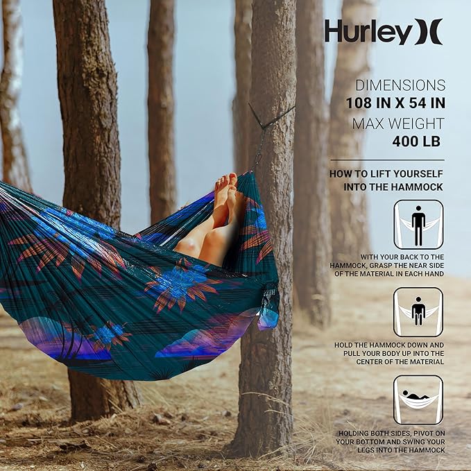 Hurley Duo Camping Hammock - 1 Person Portable Hammock for Camping Heavy Duty Hammock with Parachute Nylon Fabric - Camping Accessories &amp Camping Gear for Outdoor Activities - Holds Up to 400lbs