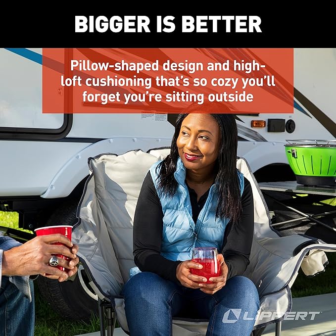 Lippert Big Bear Club Camping Chair - Sand Comfortable Foldable Chair Oversized Pillow Cushions Dual Cupholders Powder Coated Steel 600D Polyester Fabric 400 lb. Capacity 2022114813
