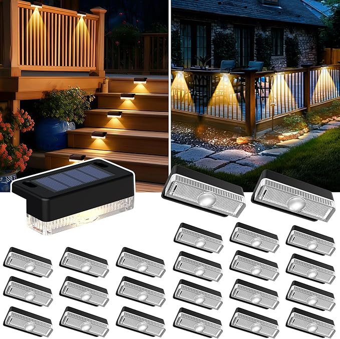 Solar Deck Lights Outdoor 24 Packs Solar Powered LED Step Lights Waterproof Outdoor for Deck Stairs Step Fence Wall Patio Yard Pool and Pathway (Warm White)