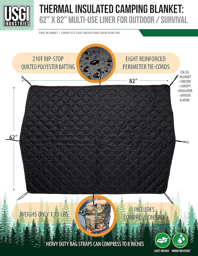 USGI Industries Military Woobie Blanket | Thermal Insulated Camping Blanket Poncho Liner | Large Portable Insulation Water-Resistant for Hiking Survival | Compression Carry Bag
