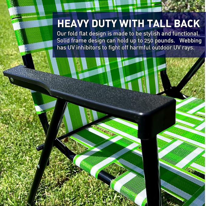 Lawn Chair Folding Steel Webbing Chaise Patio Lounger Seat Wood Handles Great for Camping Beach Fishing Backyard Stadium Pool Boating and Sports 4 Pack Green