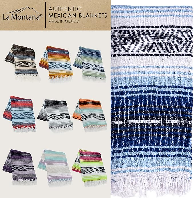 La Montana Authentic Mexican Blanket (10-Pack) - 74in x 50in Woven in Mexico - Falsa Throw for Yoga Studio Picnic/Camping/Beach Saddle Blanket Bed/Home Decor (Assorted Random)