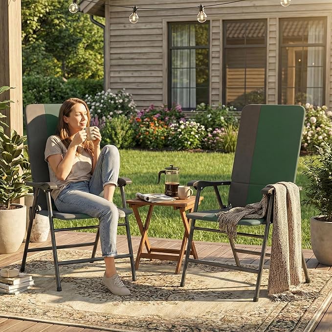 Outsunny Folding Patio Chairs Set of 2 Padded High Back Folding Lawn Chairs with Armrests 600D Oxford Fabric Portable Outdoor Camping Chair Set for Deck Garden Backyard Dark Green