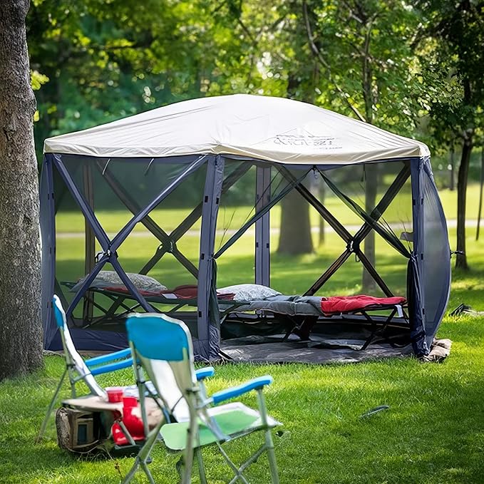 CLAM Escape 11.5' Pop-Up Screen Tent – Blue Outdoor Camping Gazebo Canopy with No-See-Um Mesh Carry Bag &amp Stakes – 6-Sided Portable Shelter for Camping Picnics &amp Events – Fast 45-Second Set