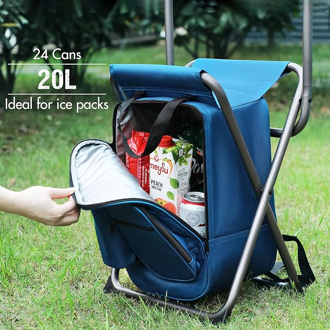 PORTAL Backpack Cooler Chair Fishing Chairs with Backrest Folding Camping Stool Compact for Outdoors Hiking Hunting Travel Supports 225 lbs Capacity