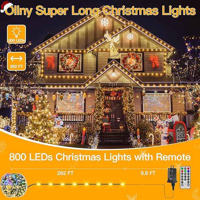 Ollny Christmas Lights 262 FT 800 LED IP67 Waterproof Color Changing Christmas Lights Outdoor with Remote 11 Modes Dimmable Timer Warm White to Multicolored Changeable String Lights for House Decor