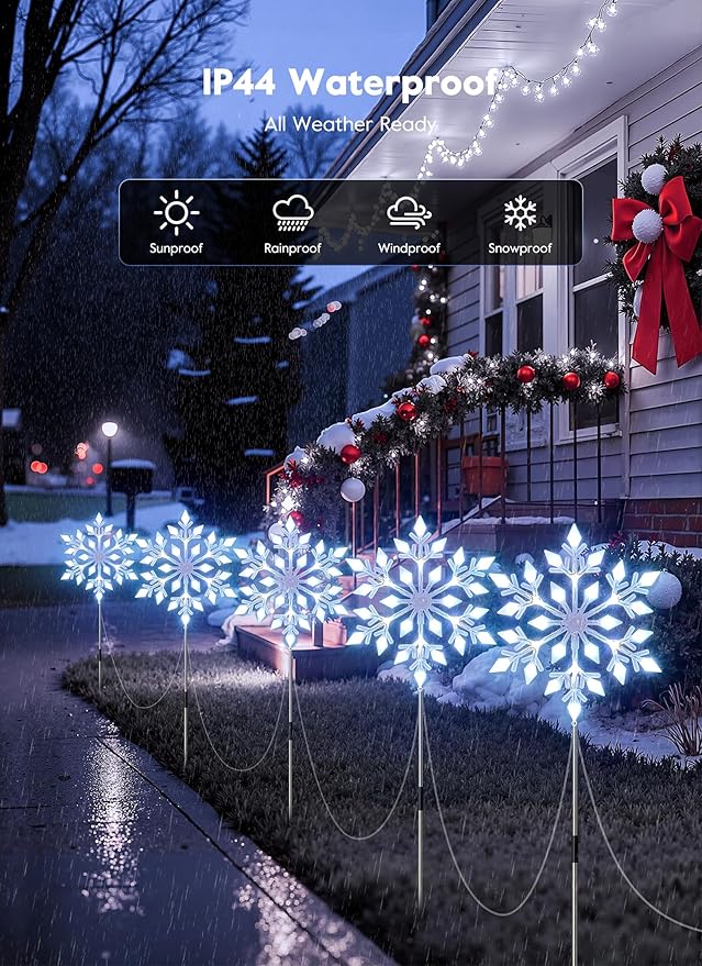 Brightown Snowflake Lights Outdoor 10 Large Snowflake Christmas Pathway Lights Christmas Decorations Outside Yard Sidewalk Walkway Driveway Marker Garden Lawn Stakes with LED Lights White