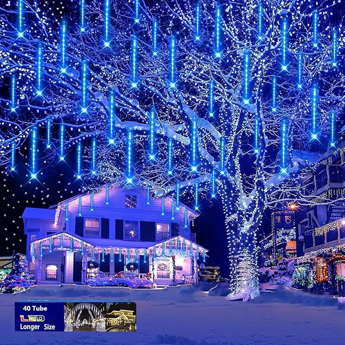 Blue Christmas Icicle Lights Outdoor: 40 Tube(Equivalent to 5 Sets of 8-Tubes) Meteor Shower Rain Lights - Waterproof Christmas Halloween Decorations for Yard Outside Tree Roof UL Plug