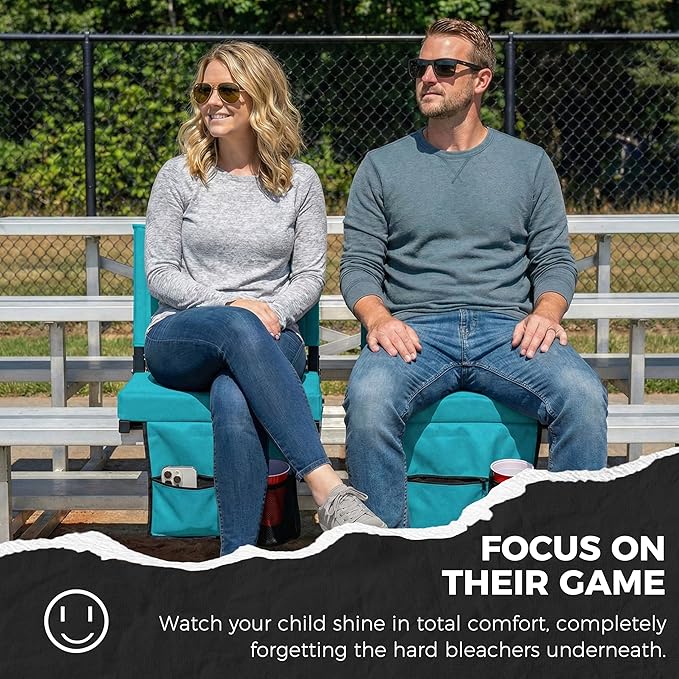 SPORT BEATS Stadium Seats with Back Support Bleacher Chairs with Back and Cushion Thick Padded Bleacher Seats Includes Shoulder Strap Cyan 1pc Regular - 17 W x 12 D x 16.5 H