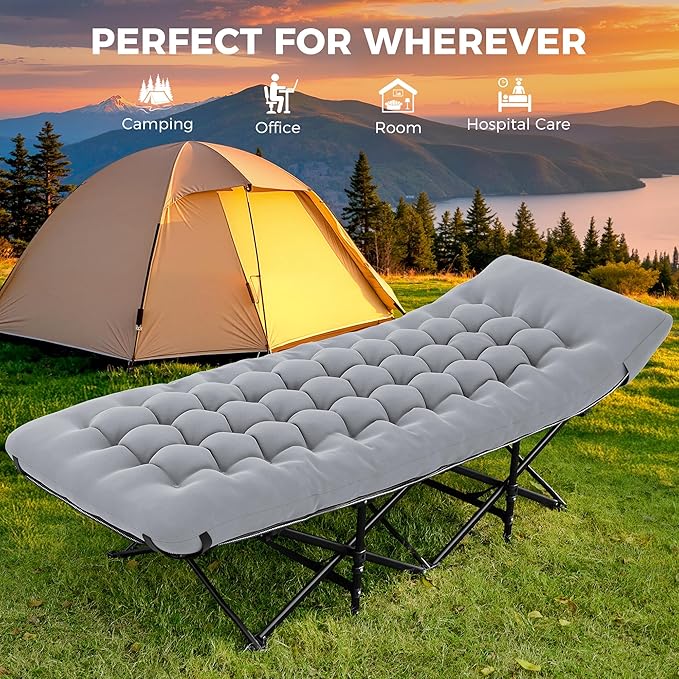 JEAREY Camping Cot for Sleeping 28 Extra Wide Heavy-Duty 1200D Oxford Foliding Cots for Adults Portable with Mattress Carry Bag for Guest Travel Hiking Light Gray