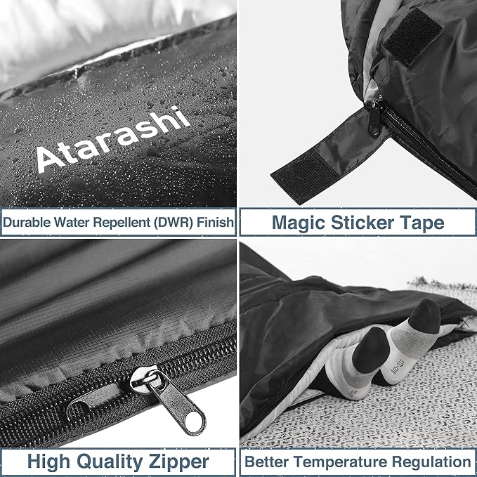 Atarashi Camping Sleeping Bag- 4 Seasons for Adults Light Warm Extra-Large with Compression Sack- Great for Hiking Backpacking &amp Outdoor Adventures