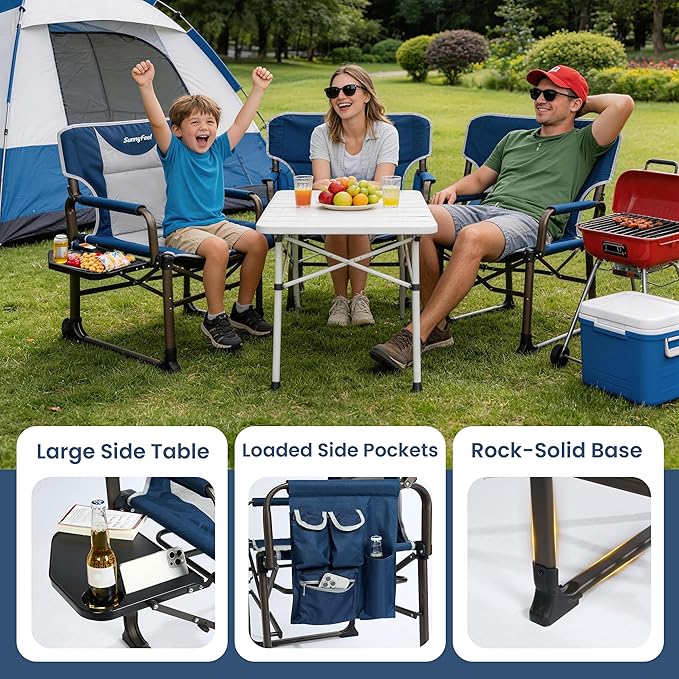 SUNNYFEEL Oversized Camping Directors Chair Blue Portable Folding Chair for Adults Support 600lbs with Side Pocket and Side Table for Beach Fishing Trip Picnic Lawn Outdoor Foldable Camp Chairs