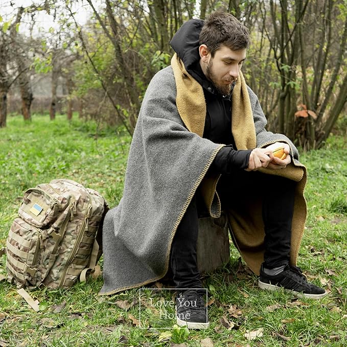 LYHome Merino Wool Blanket - Outdoor Camping and Hiking Throw Extra Warm Army Military &amp Hunting Blankets for Cold Weather Warmest Plaid Pure Sheep Wool (59 x 84 | Mustard - Gray Double-Sided)
