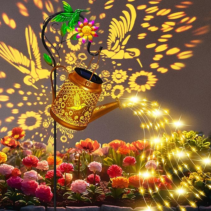 Hummingbird Solar Lanterns Garden Decor Outdoor Waterproof Watering Can with Shepherd Hook Solar Garden Decor for Yard Outdoor Landscape Pathway Gifts for Women Mom Grandma Birthday Christmas Gifts