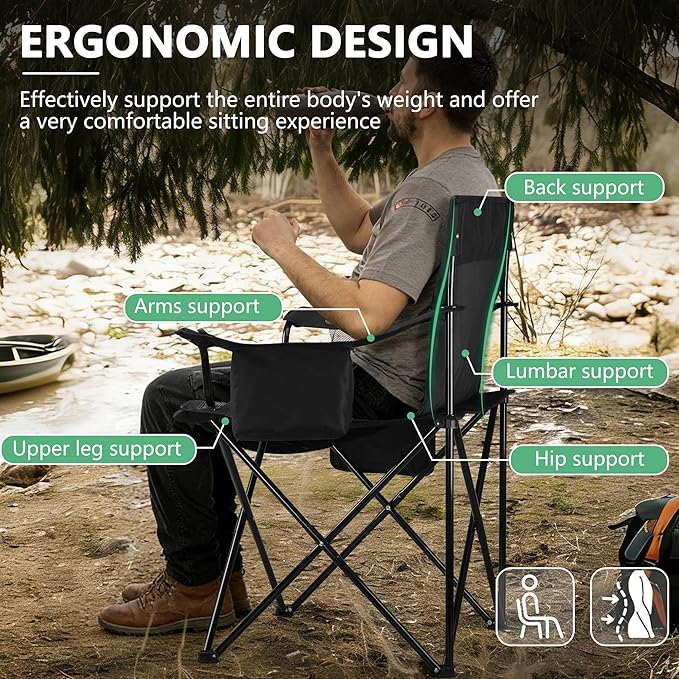 HaSteeL 2 Pack Camping Chair Large Folding Beach Chairs with Cooler Bag Cup Holder &amp Storage Pocket Portable for Outdoor Patio Picnic Lawn Hiking Fishing Travel Support 275 LBS (Black)