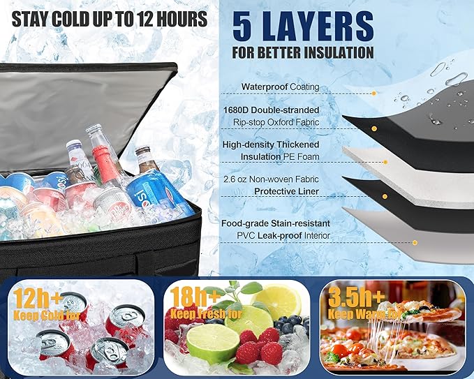 MyLifeUNIT Insulated Cooler Bag for Food &amp Pizza Delivery Bag Suitable for Car Bike Camping Picnic Beach Large Size