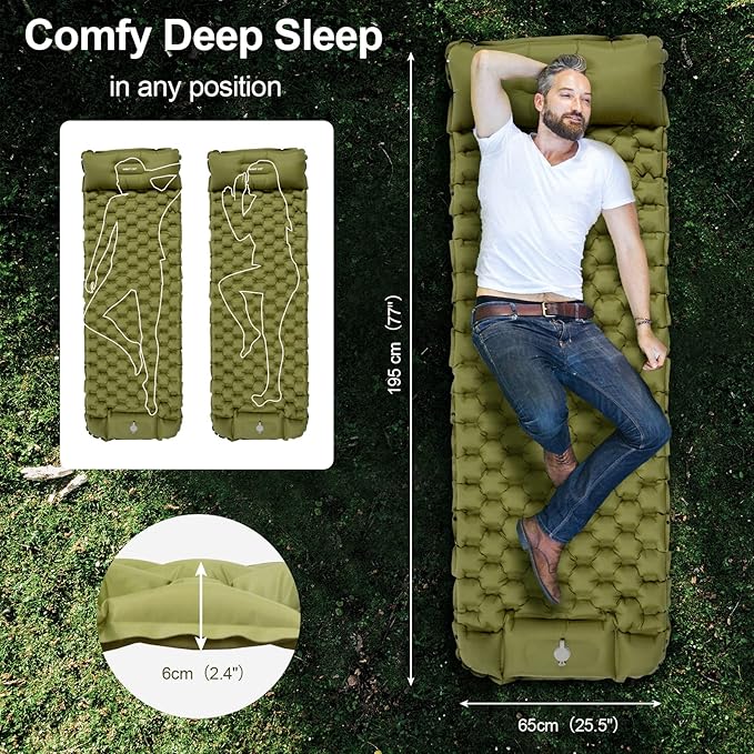 Night Cat Inflatable Sleeping Pads Mat Bed with Pillow Foot Pump for Camping Backpacking Hiking Ultra-Light Compact Comfortable Extendable 77x25.5