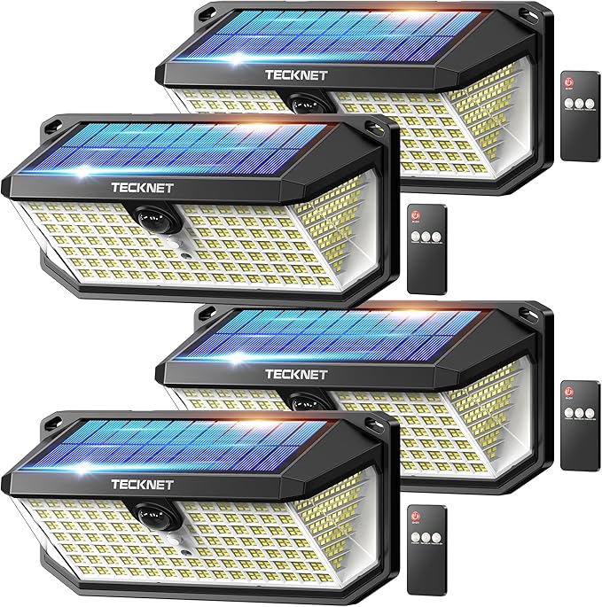 TECKNET 546 LEDs Motion Sensor Outdoor Lights with Remote Control &amp Hook7500LM Solar Lights Outdoor with 2200mAh &amp IP66 Waterproof 300° Angle &amp 3 Modes Solar Lights for Patio Fence Gara