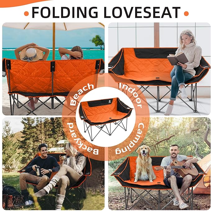 Elevon Camping Chair Oversized Loveseat Double 2 Person Outdoor Chair with Arms Cup Holder and Carry Bag Heavy-Duty Collapsible Chair for Outside Orange