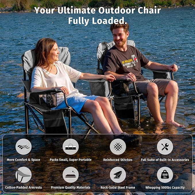 East Oak Oversized Camping Chair | Heavy Duty Camping Chairs | 500LBS Support 600D Oxford Cup Holder &amp Side Pocket | Ideal for Camping Beach Sports Events Backyard &amp Tailgating | Gray