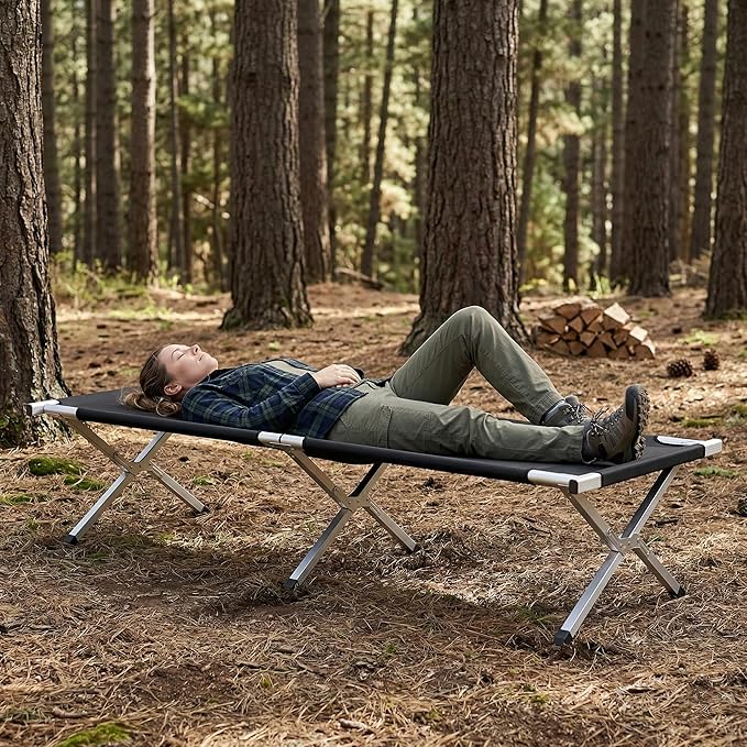 Portable Folding Camping Cot for Adults Heavy Duty Outdoor Sleeping Bed with 610D Oxford Cloth &amp Carry Bag Lightweight Aluminum Frame Supports 275lbs for Hiking Travel Office Nap (Black)